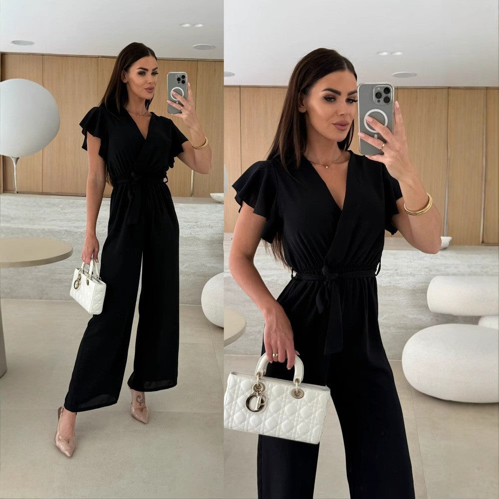 Women V-Neck Ruffle Sleeve Lace-Up Casual Wide Leg Jumpsuit 7