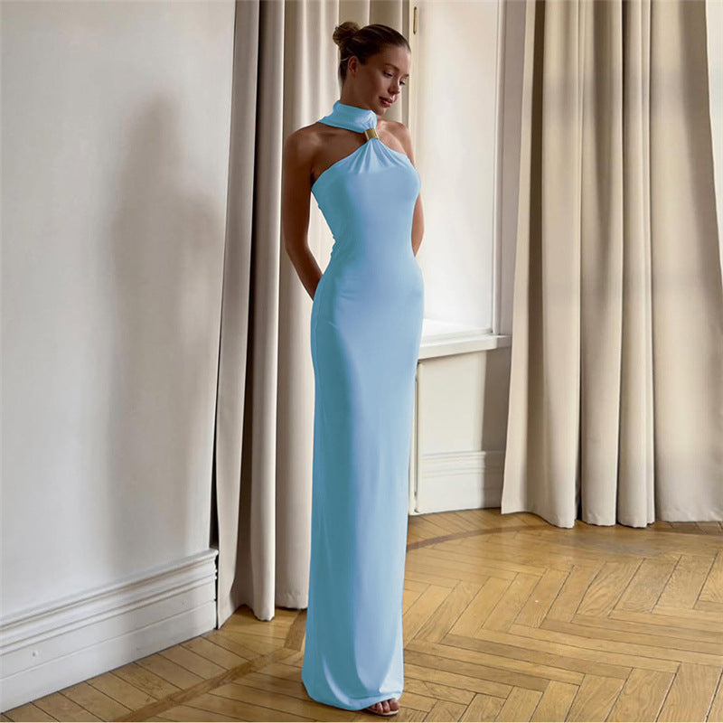 Women Spring Summer Sexy Strapless Halter Neck Solid Dress 3