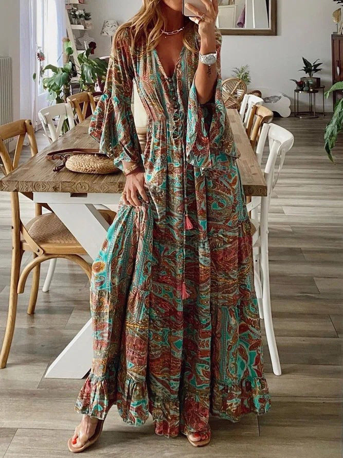 Women Boho Bell Bottom Sleeve Printed V Neck Holidays Maxi Dress 14