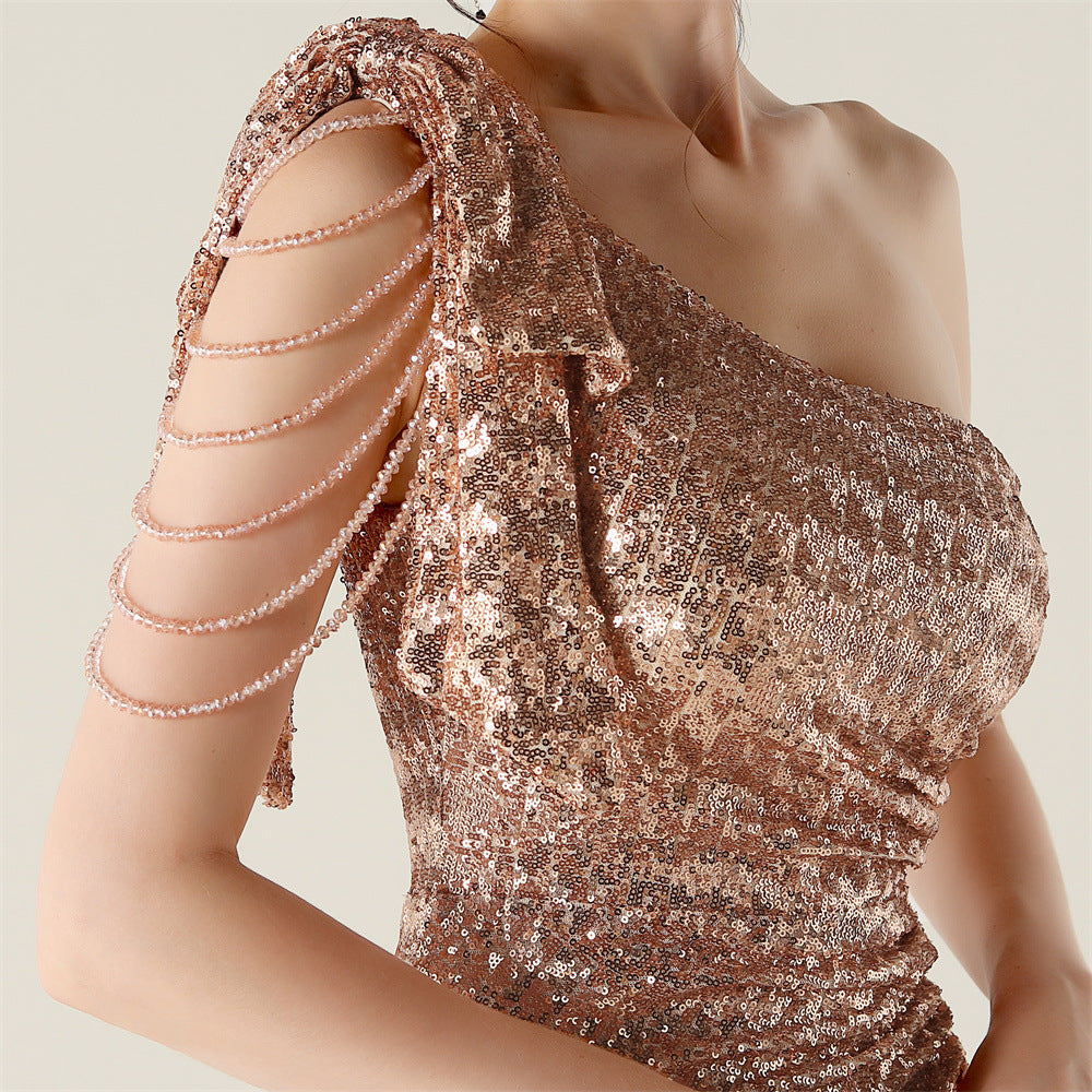 Plus Size Women clothing one-shoulder nail flower beaded evening dress 48