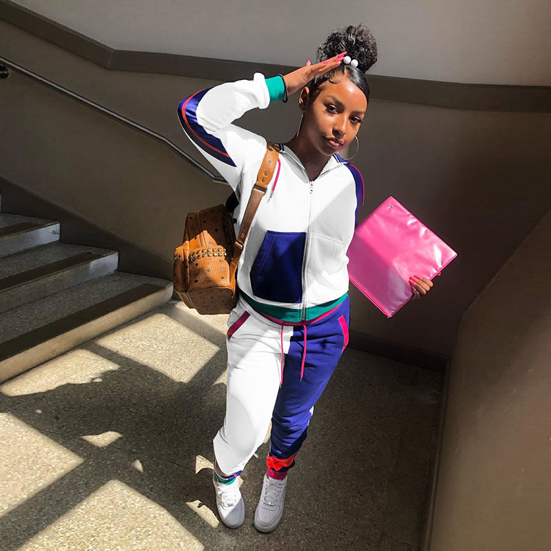 Women Casual Autumn and Winter Women Sports Color Matching Top and Pant Two-piece Set