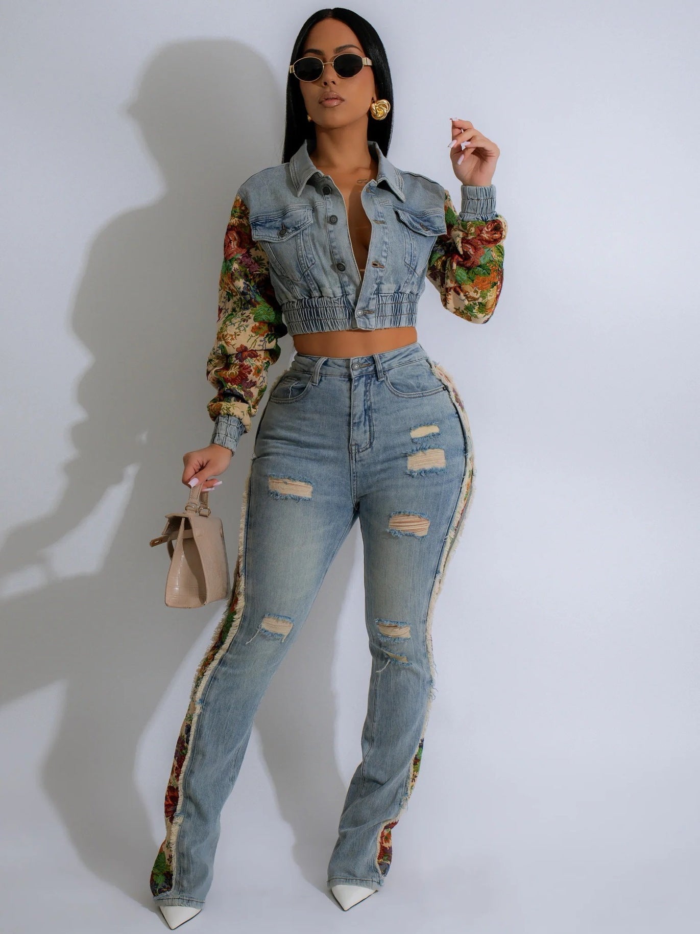 Women Fall Retro Patchwork Camouflage Print Top and Denim Pants Two Piece Set 4