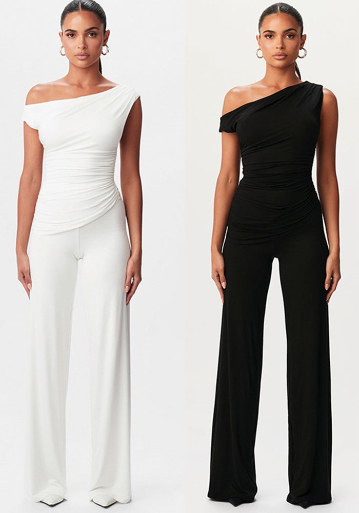 Women's Spring Summer Slash-Shoulder Gathered Waist Top Loose Pants Set