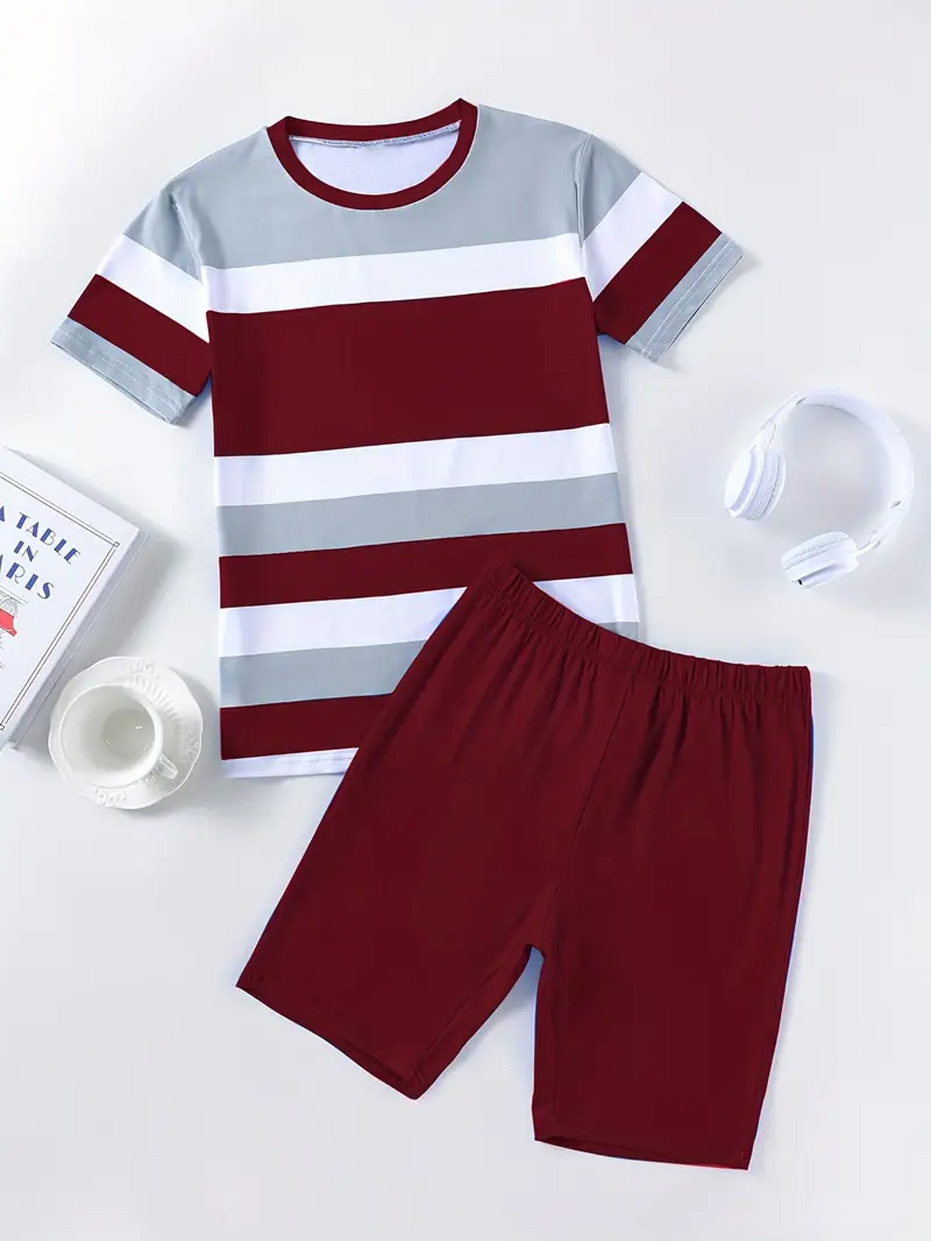 Women's Striped Print Short-Sleeve Sporty Two-Piece Shorts Set 16