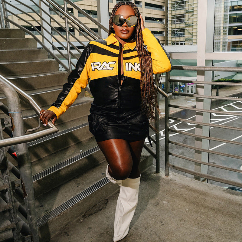 Women winter embroidery contrasting color Turndown Collar long-sleeved zipper jacket 3