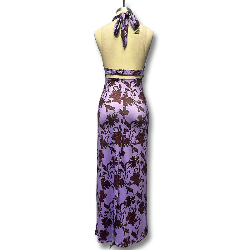 Spring Summer Women's Printed Halter Neck Lace-up Sexy Low-Back Slim Dress 9