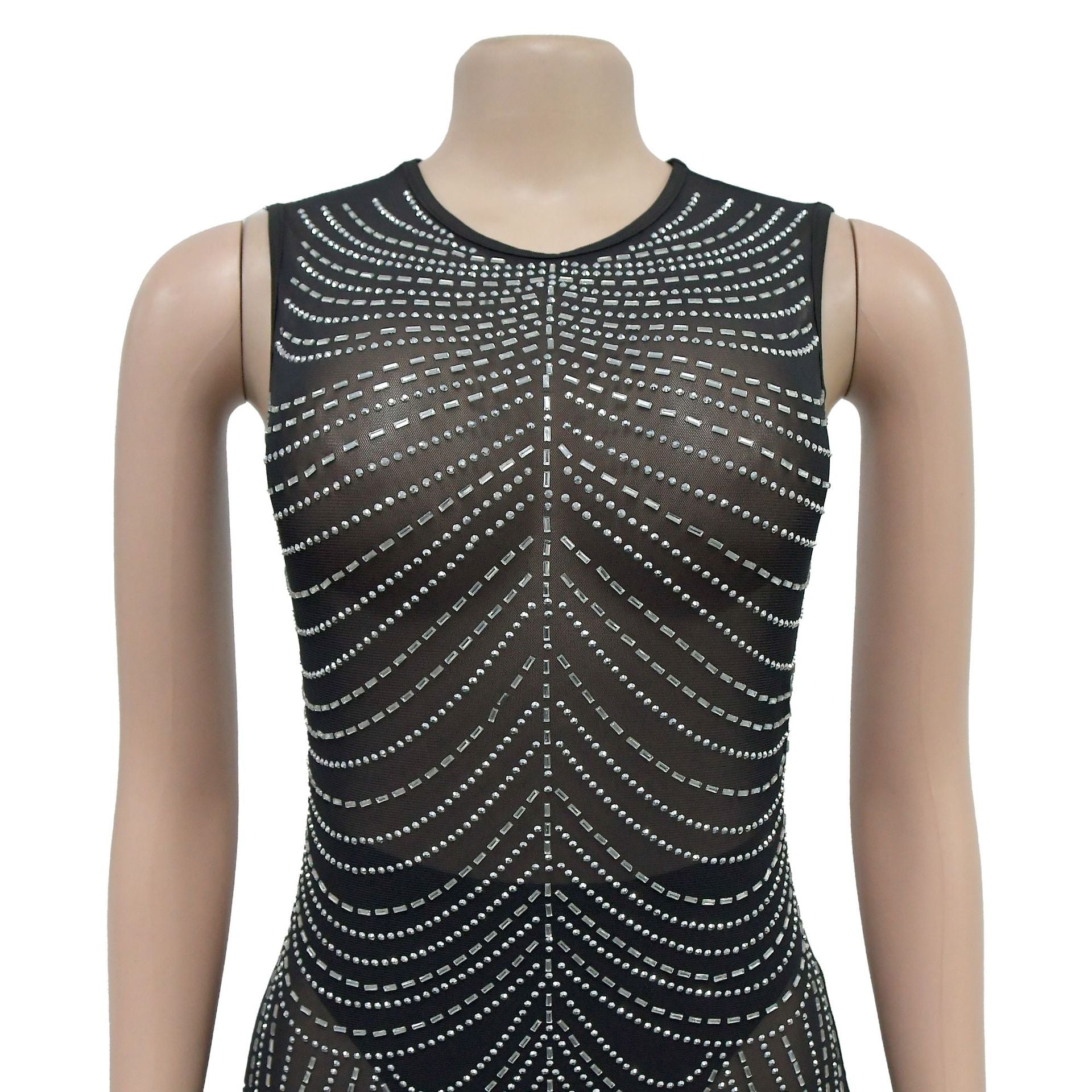 Fashion Women's Solid Color Mesh Beaded Sleeveless Long Dress 16