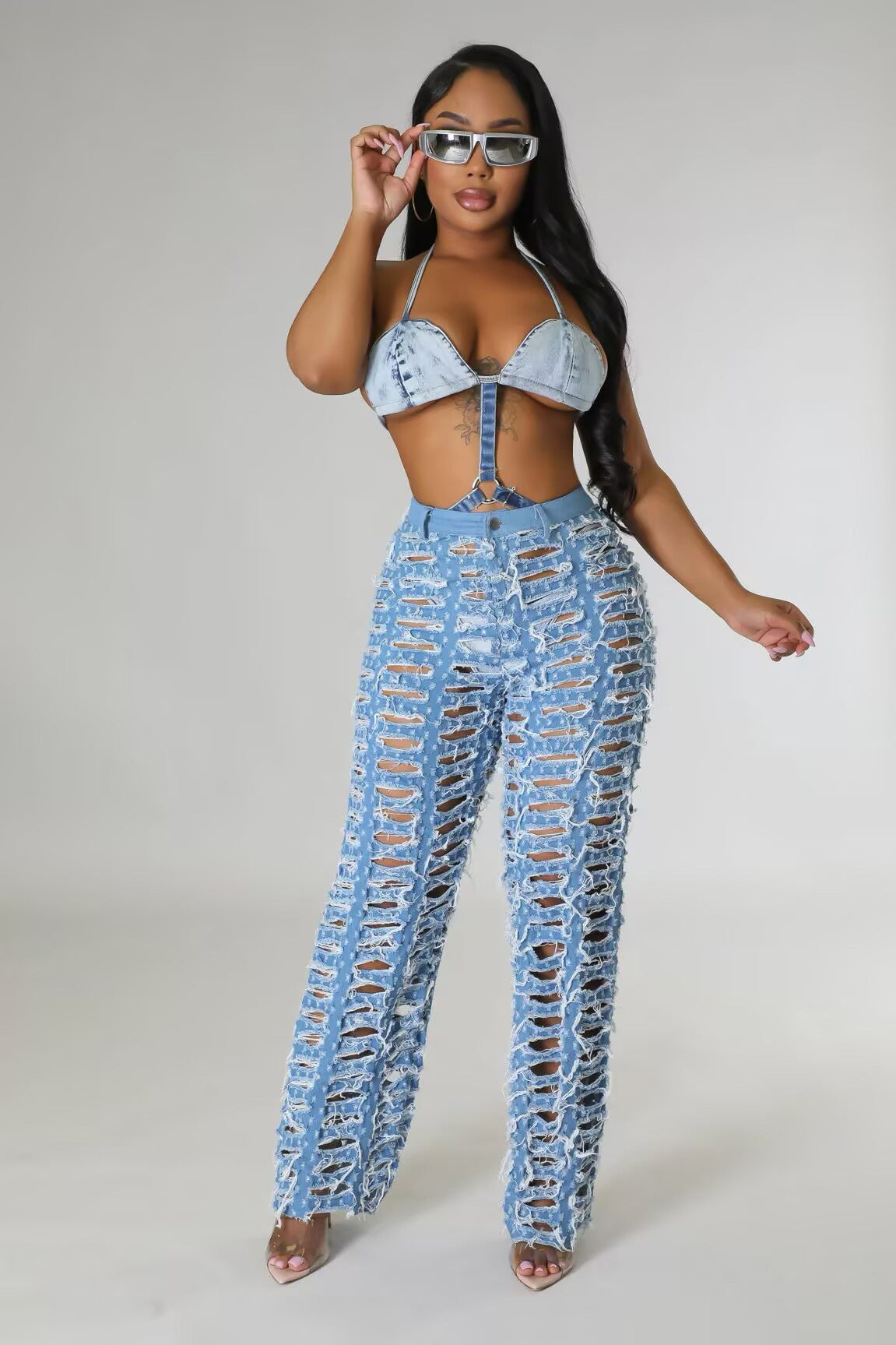 Spring Summer Women's Ripped Tassel Solid Color Wide Leg Pants 3