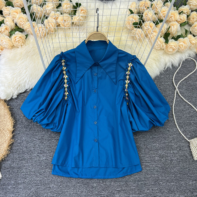 Embellished Rhinestone Chain Fashion Slit Retro Puff Sleeve Shirt 6
