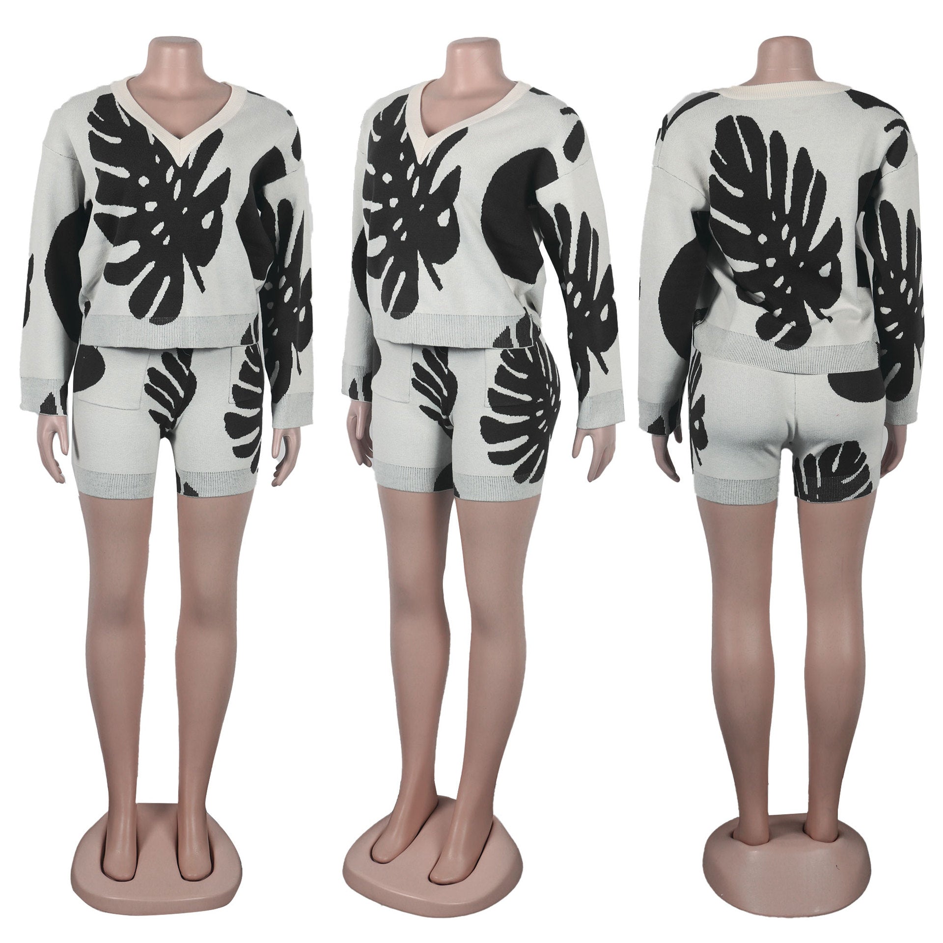 Sexy Leaf V-Neck Pullover Long-Sleeved Sweater Two-Piece Set 39