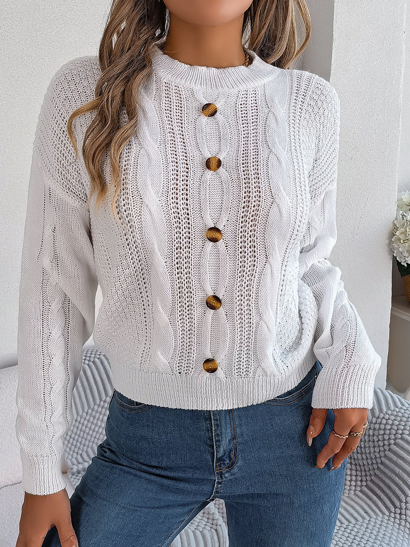 Women Casual Solid Button Long Sleeve Sweater 3