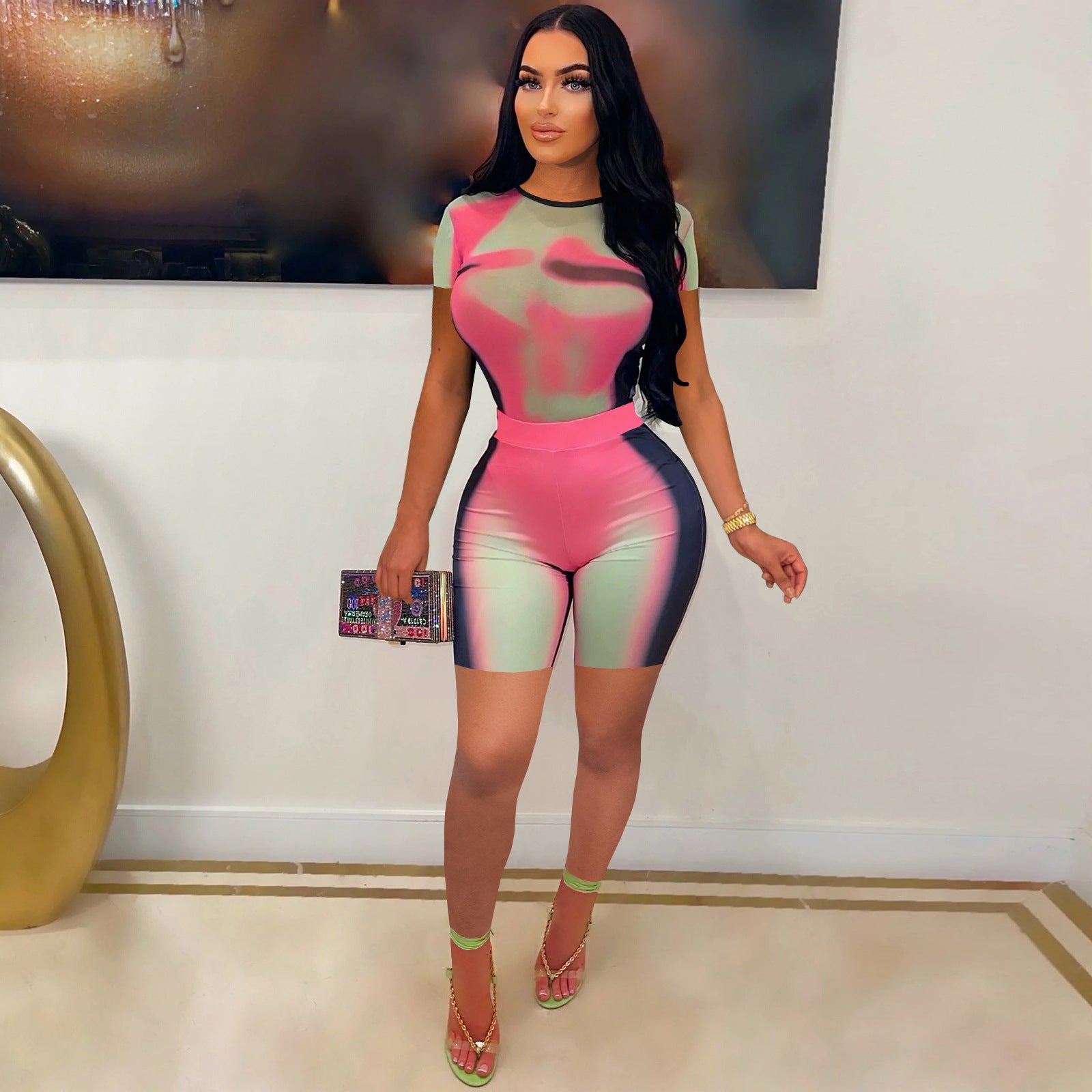 Women Tie Dye Print Round Neck Short Sleeve Top and Short Two-Piece Set 6