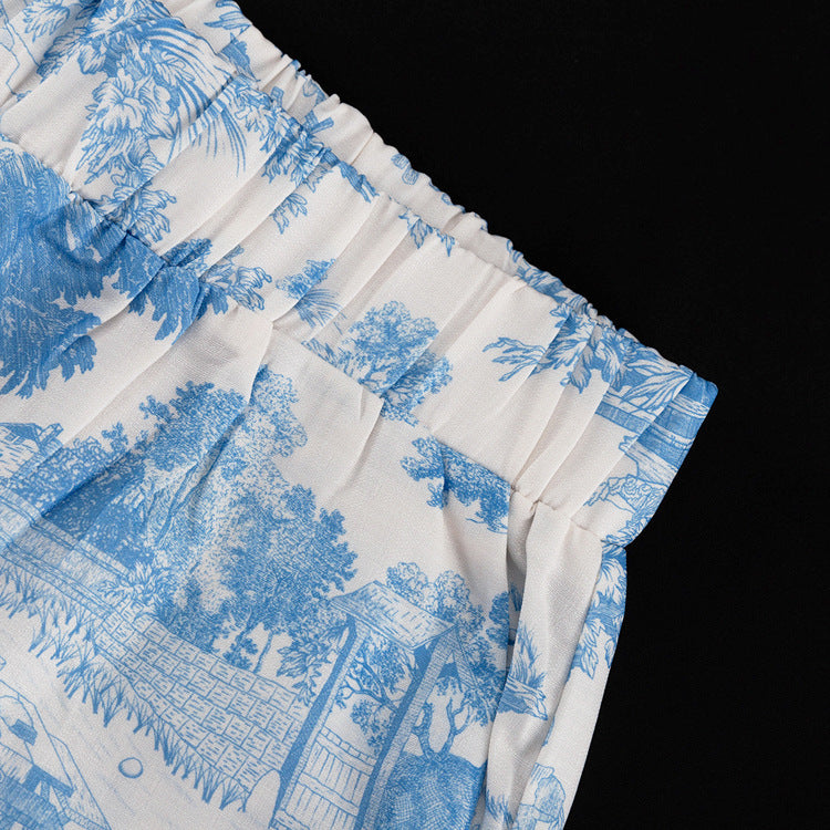 Women's Paint Print Turndown Collar Shirt High Waist Trousers Fashion Two-Piece Suit 18