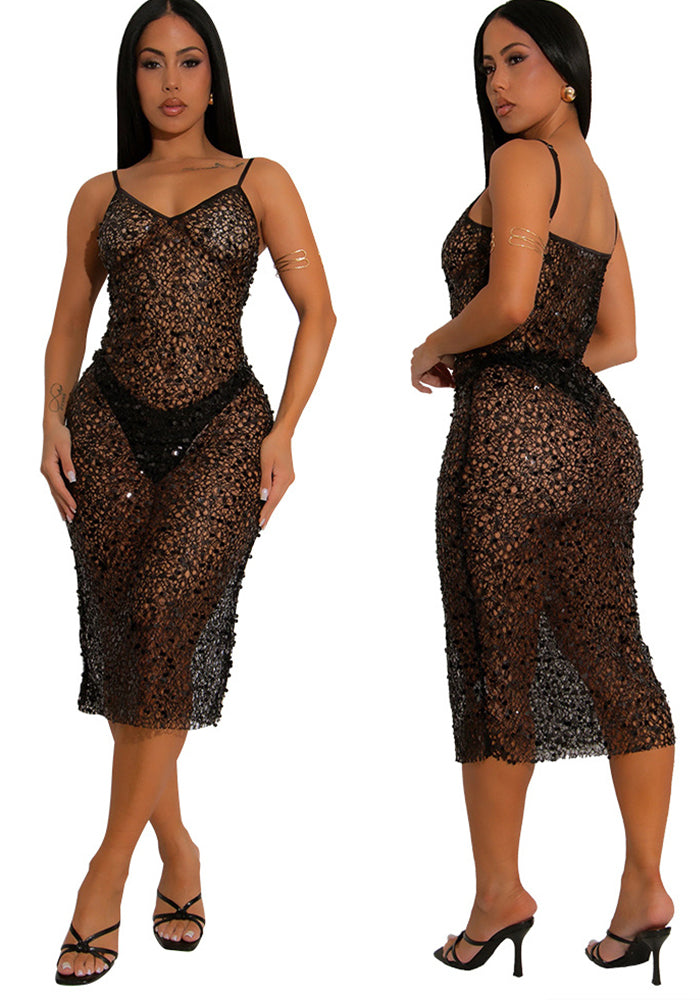 Women's Strappy V-Neck See-Through Sequin Bodycon Long Dress