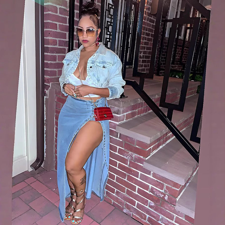 Women tie-dye slit Denim skirt