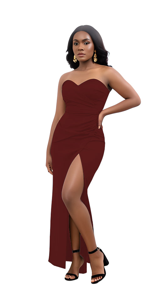 Solid Color Strapless Slit Long Dress 9