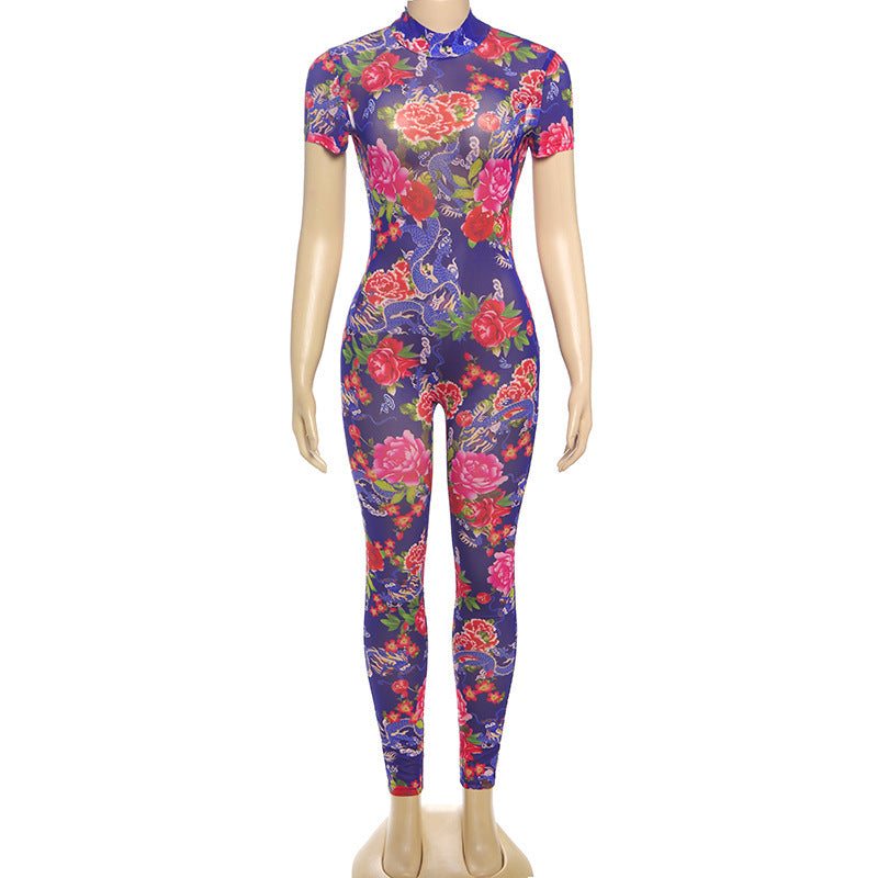 Women summer Women sexy Backless print See-Through Mesh Jumpsuit 9