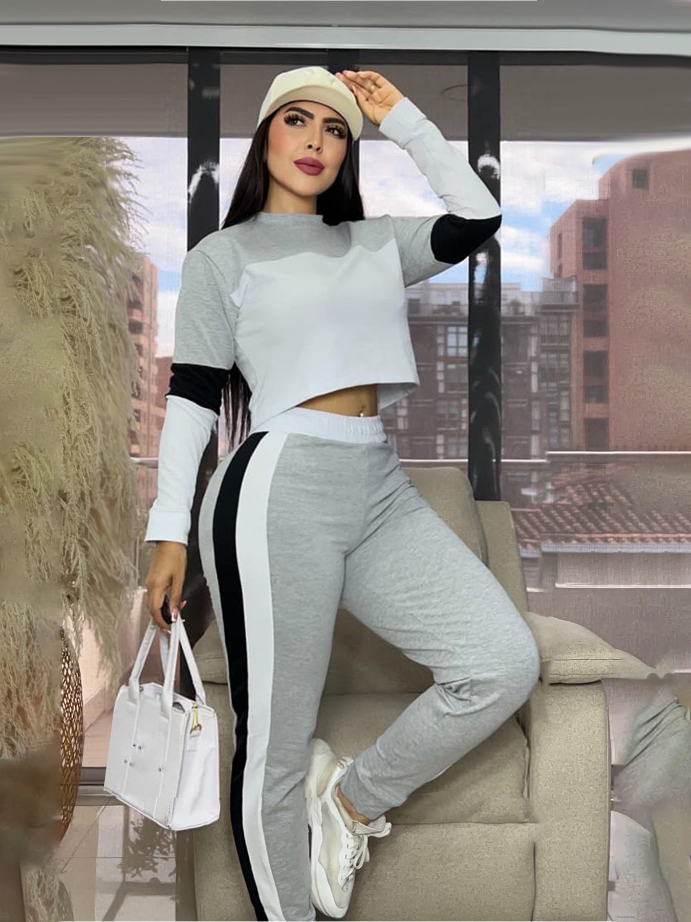 Fashion Street Color Block Patchwork Long Sleeve Sweatshirt & Sport Casual Pants Two-Piece Set 7