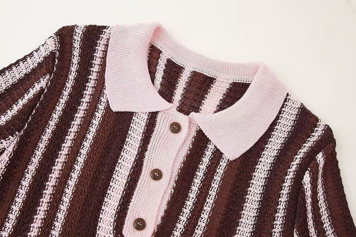 Fashion Striped Turndown Collar Short-Sleeve Top & Shorts Knit Set 13