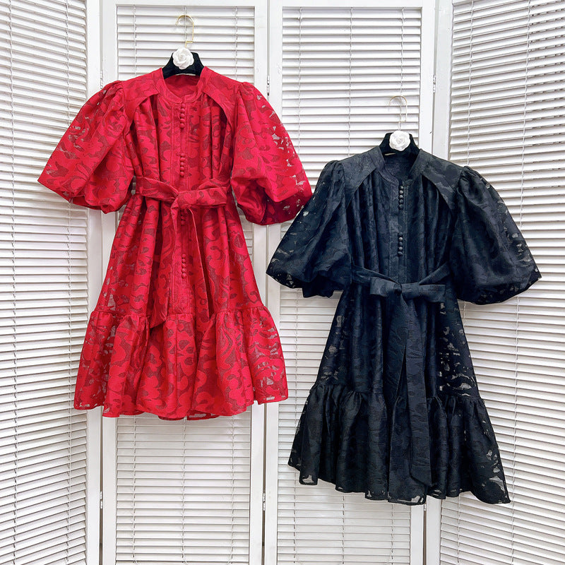 Women Round Neck Vintage Jacquard Puff Sleeve Casual Belt Dress 12