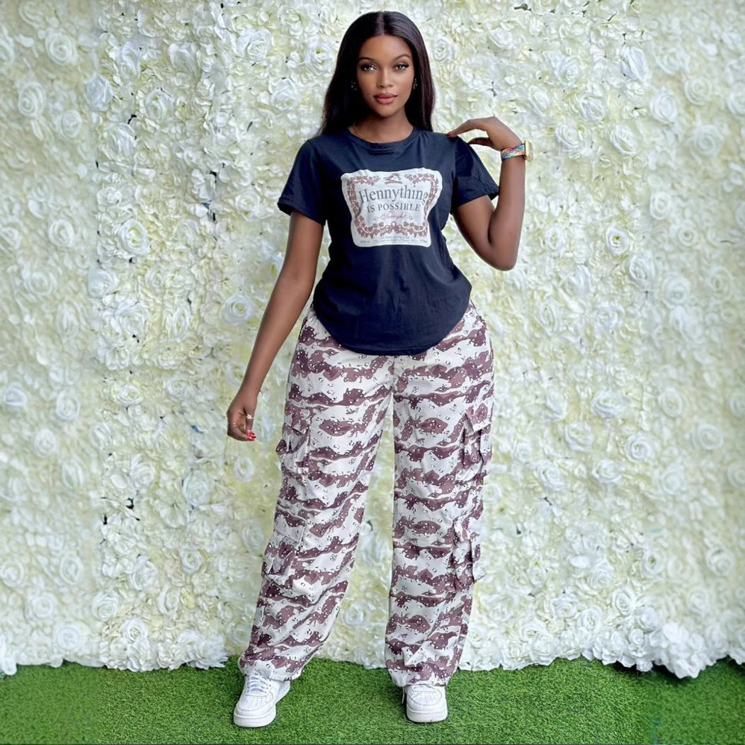 Women Plus Size Round Neck short-sleeved T-shirt camouflage trousers Casual sports Two Piece Set 3