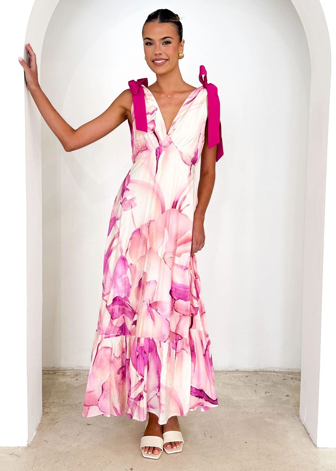 Summer Lace-up Women's V-neck Sleeveless Print Long Dress 3