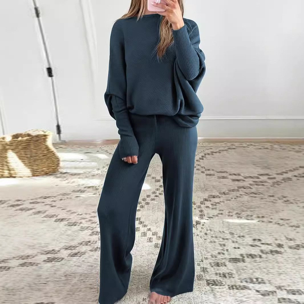 Women's Autumn Winter Solid Color Slash Shoulder Sweater Top Fashion Casual Pants Two Piece Set 4