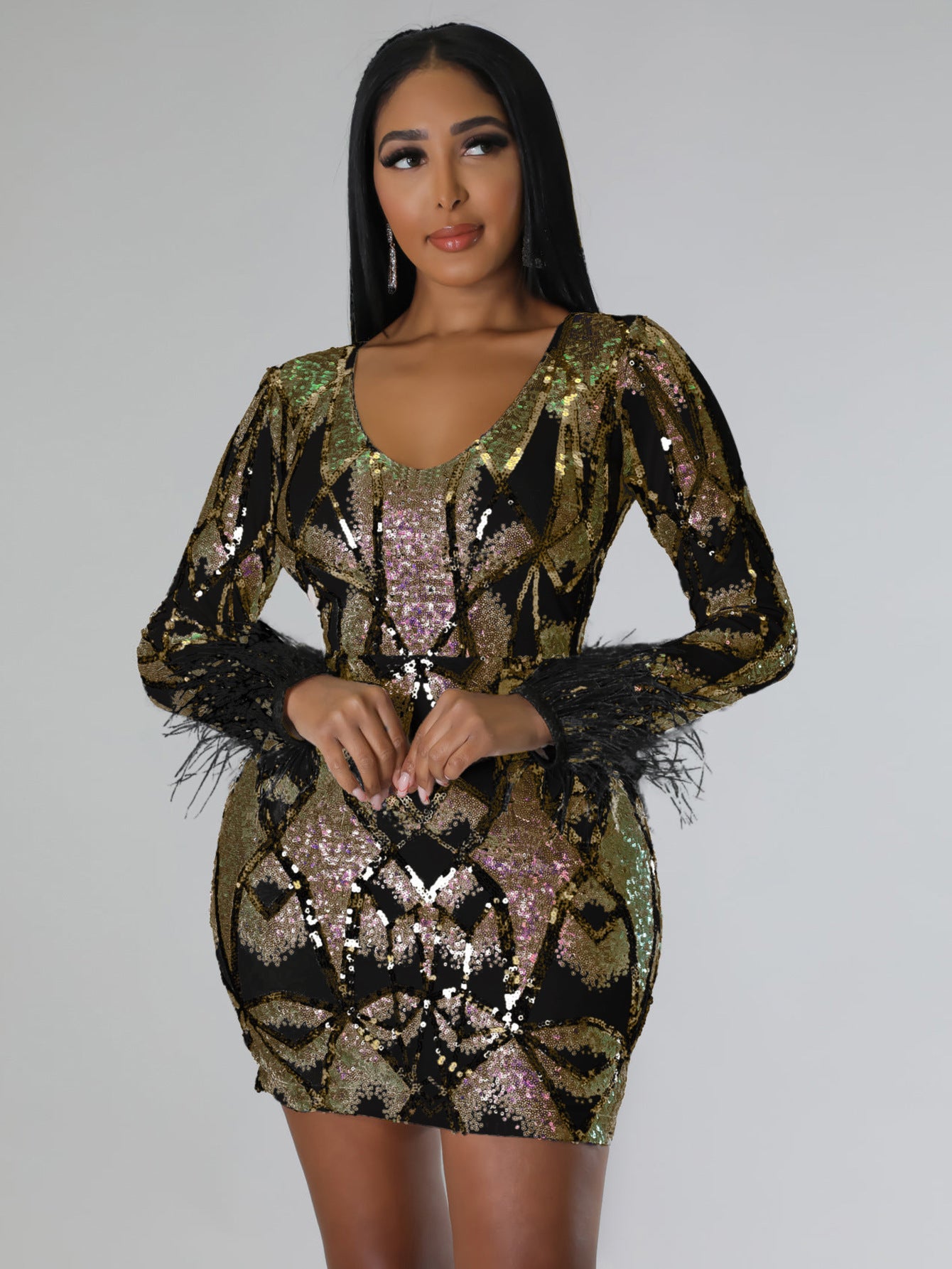 Women's V Neck Sexy Sequin Long Sleeve Nightclub Party Dress 4