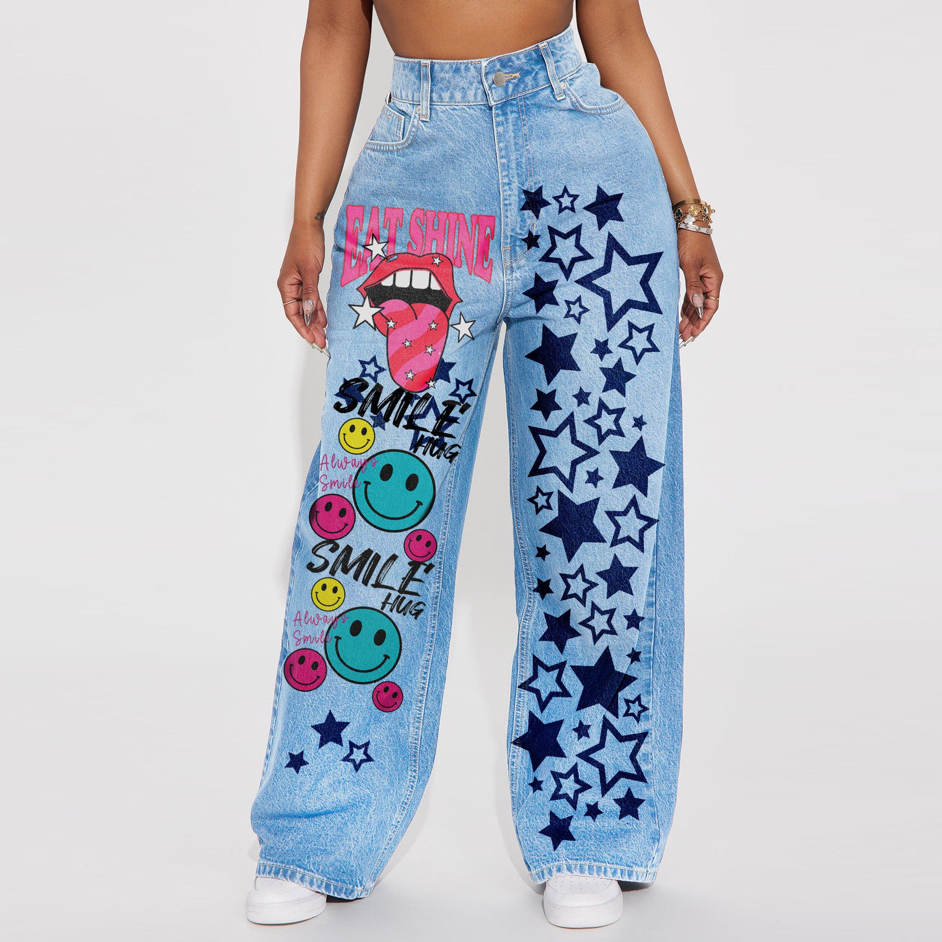 Hip Hop Style High Waist Washed Print Non-Elastic Wide Leg Denim Pants