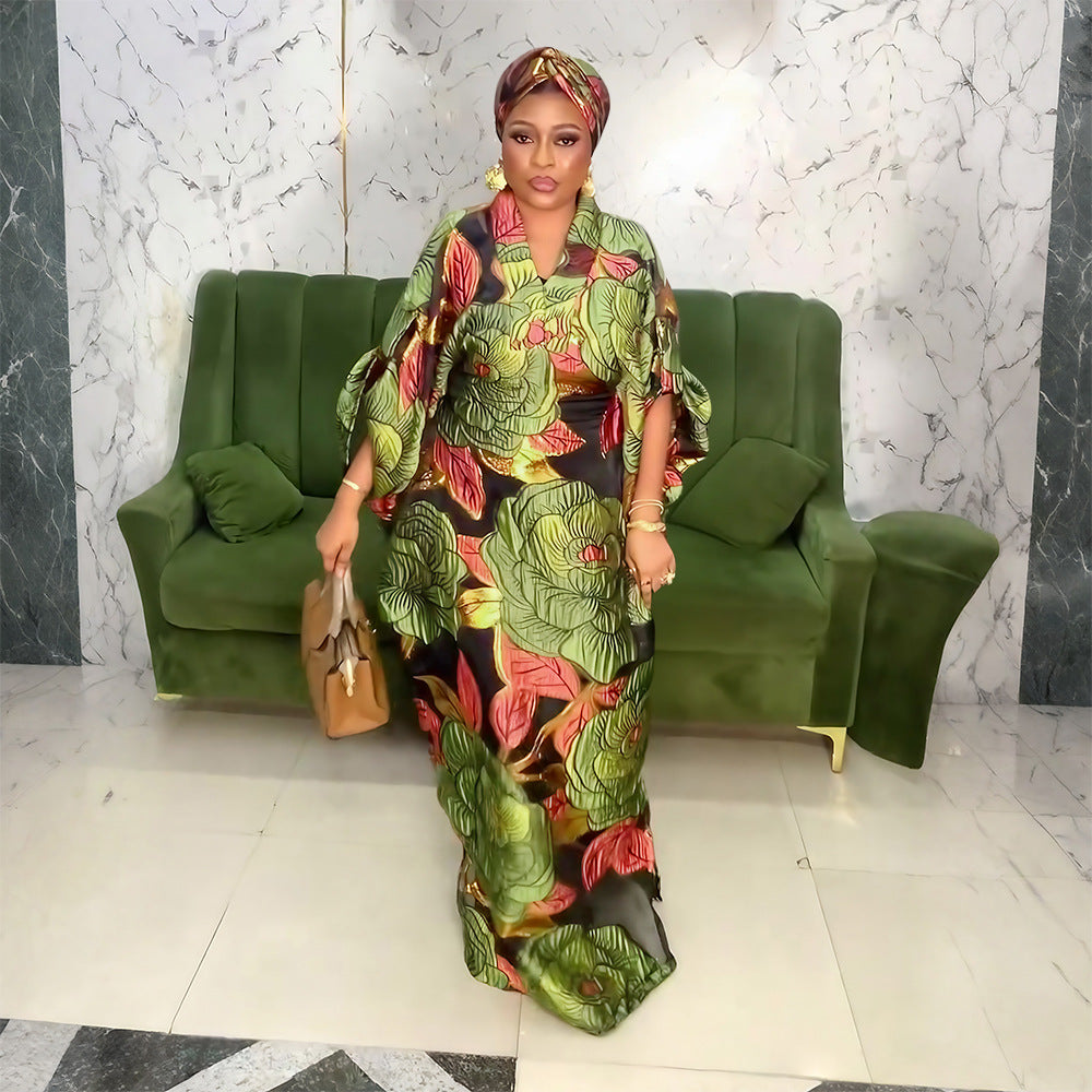 Plus Size Women African Ethnic Printed Robe and Headband Dress 4