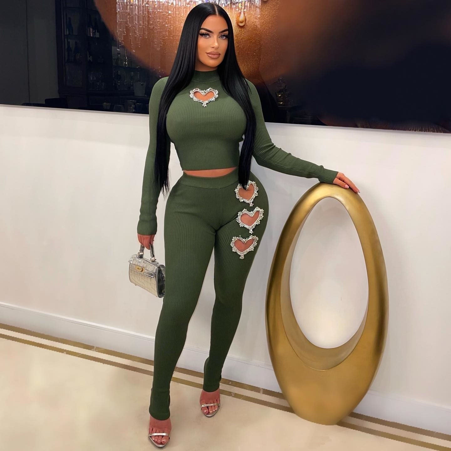 Women's Heart-Shaped Beaded Solid Color Two Piece Pants Set 18