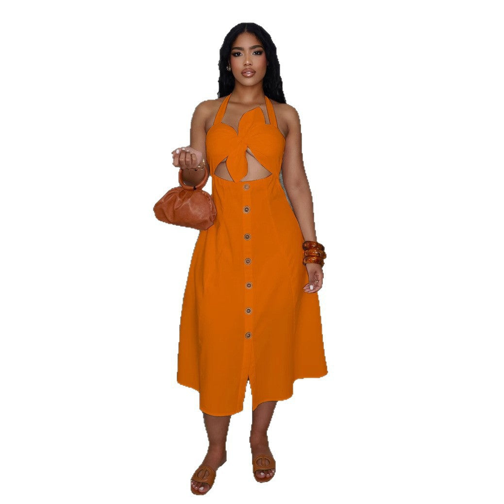 Women Elegant Career Solid Knot Halter Neck Lace-Up Dress 14