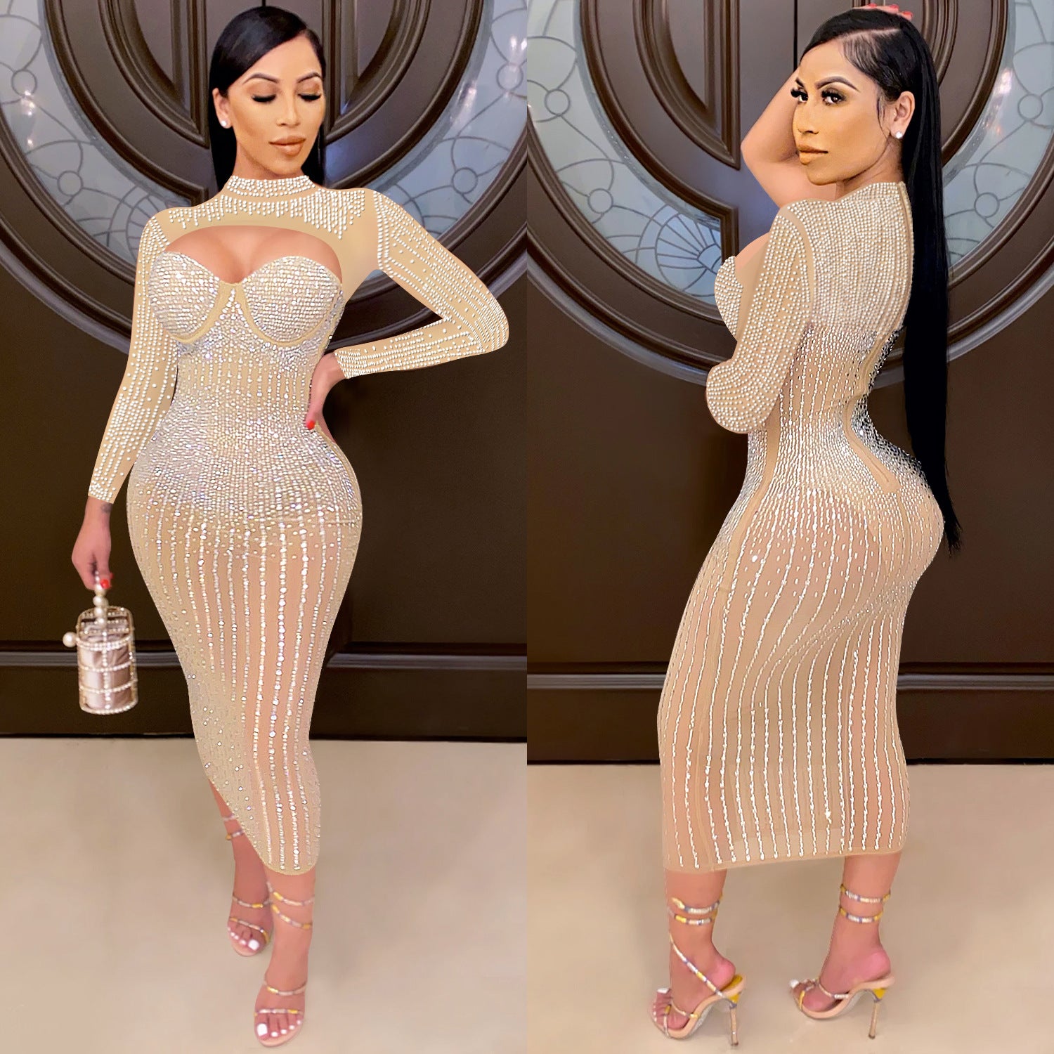 Women Mesh See-Through Beaded Strap Dress 4