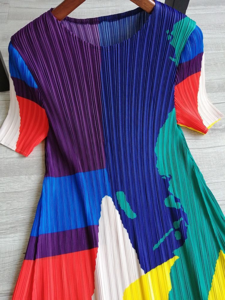 Women Summer Contrast Color Pleated Short Sleeve Dress 9