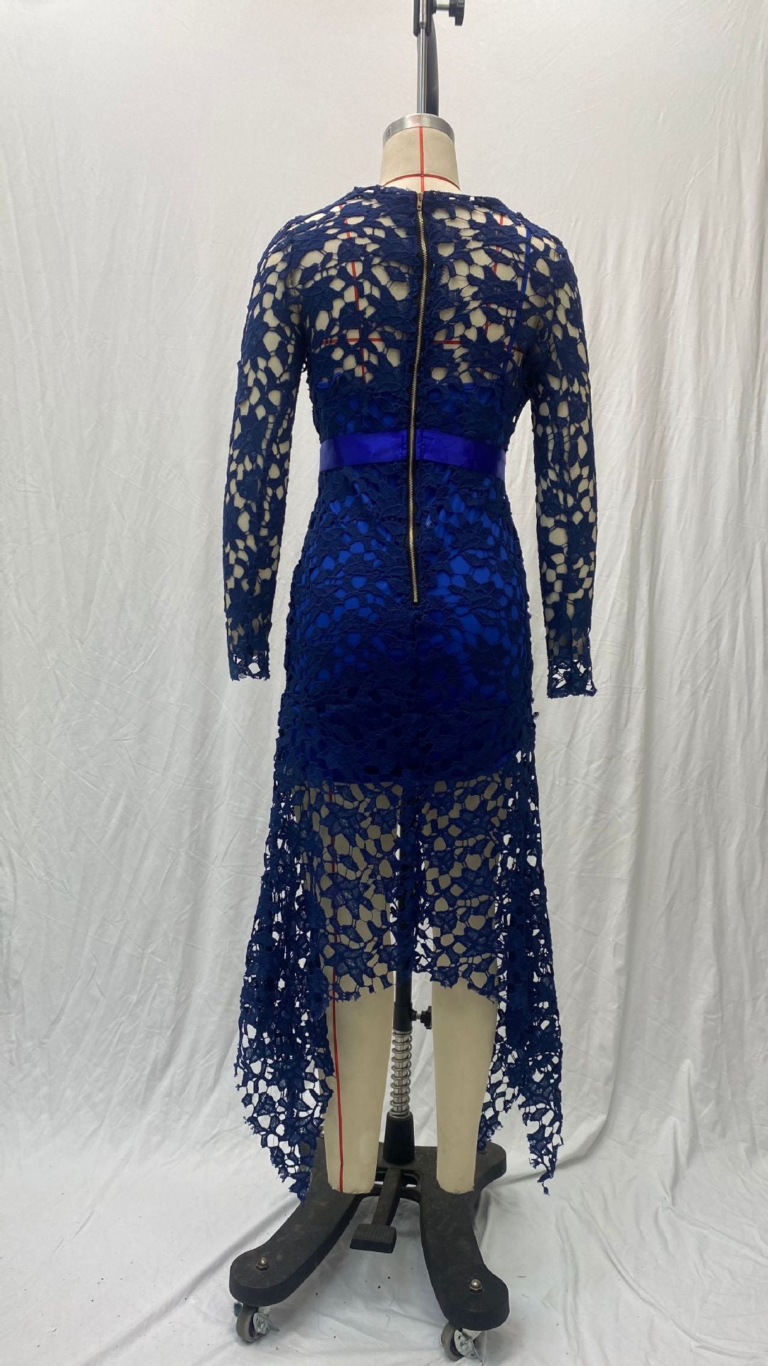 Women Lace Hollow Long Sleeve Stand Collar Lace Irregular Dress 15