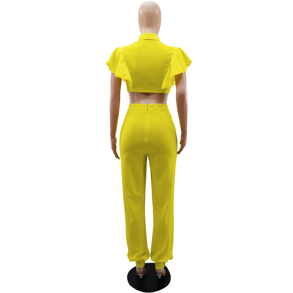 Ruffle Sleeve Crop Short turndown collar Shirt High Waist Casual Fashion pants Women's Two-piece Set 15