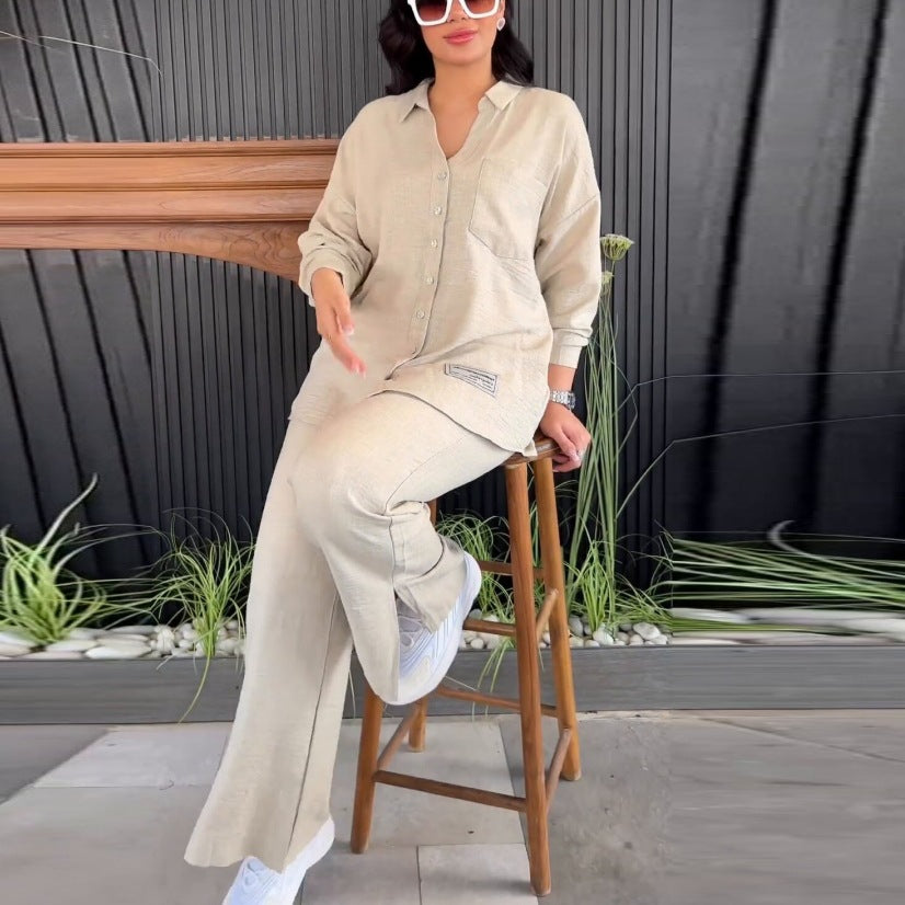 Plus Size Women loose long-sleeved shirt and slit wide-leg pants two-piece set 11