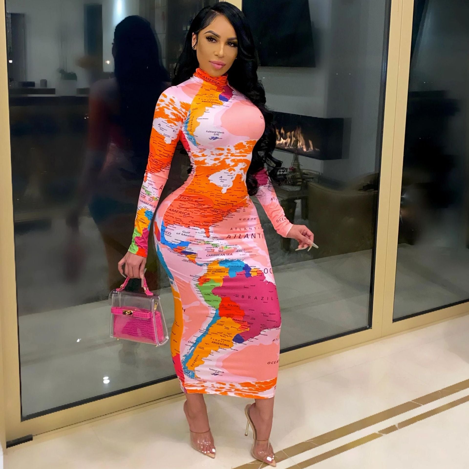 High Neck Long Sleeve Printed Long Dress Fashionable Women's Dress 3