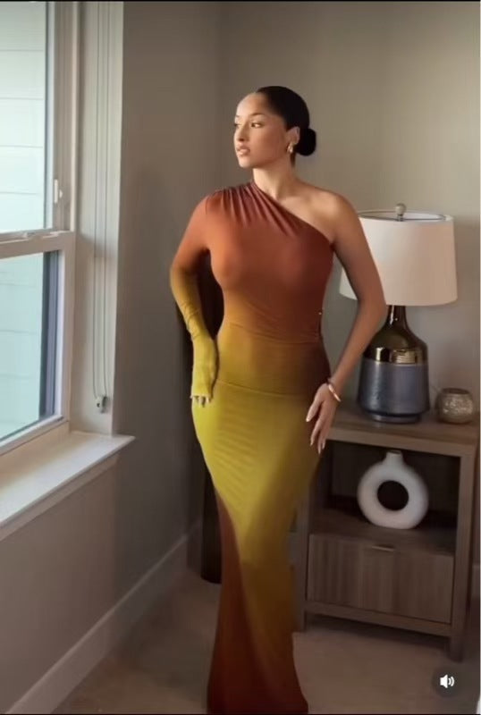 Summer Fashion Sexy Slash Shoulder Single Sleeve Gradient Color Slim Long Dress 6