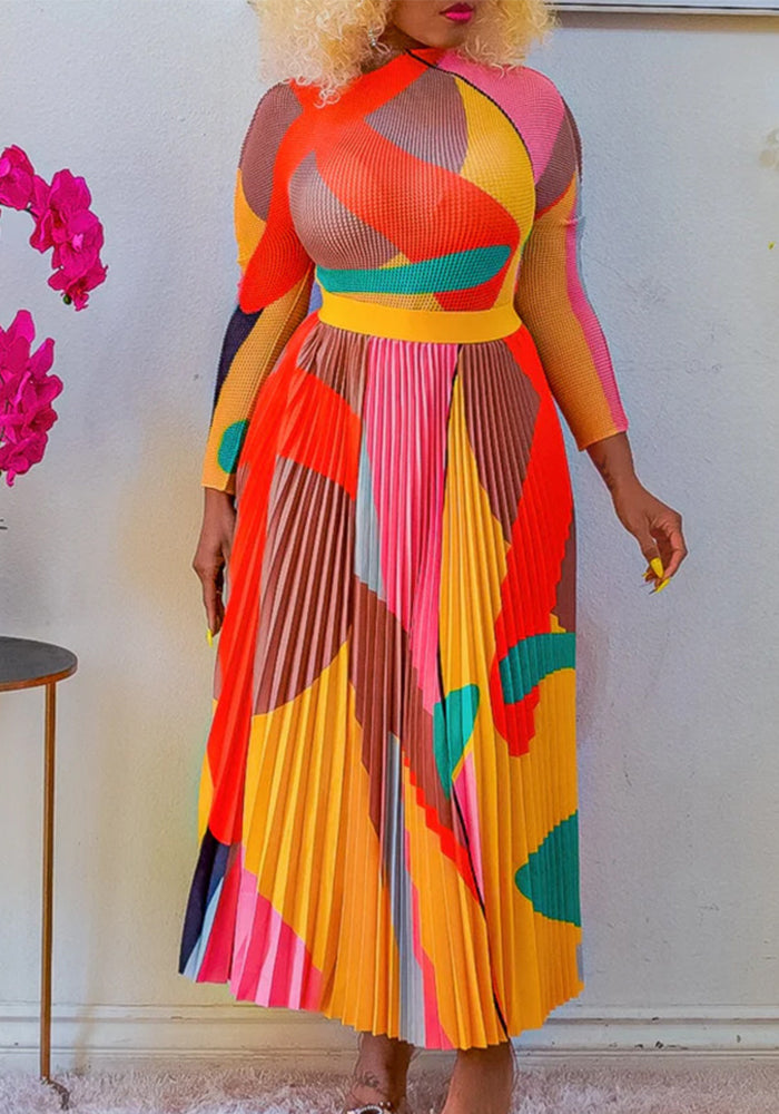 Women Autumn Pleated Print Contrast Color Long-sleeved Top and Skirt Two-Piece Set 6