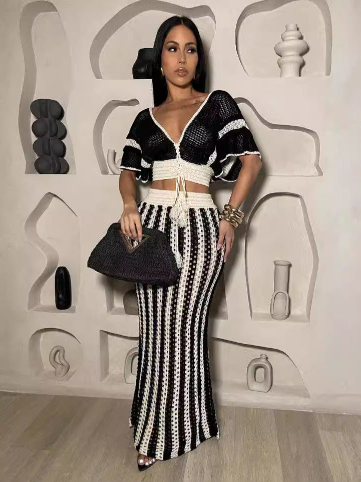 Summer Women sexy V-neck hollow striped knitting Top and Long Skirt 7