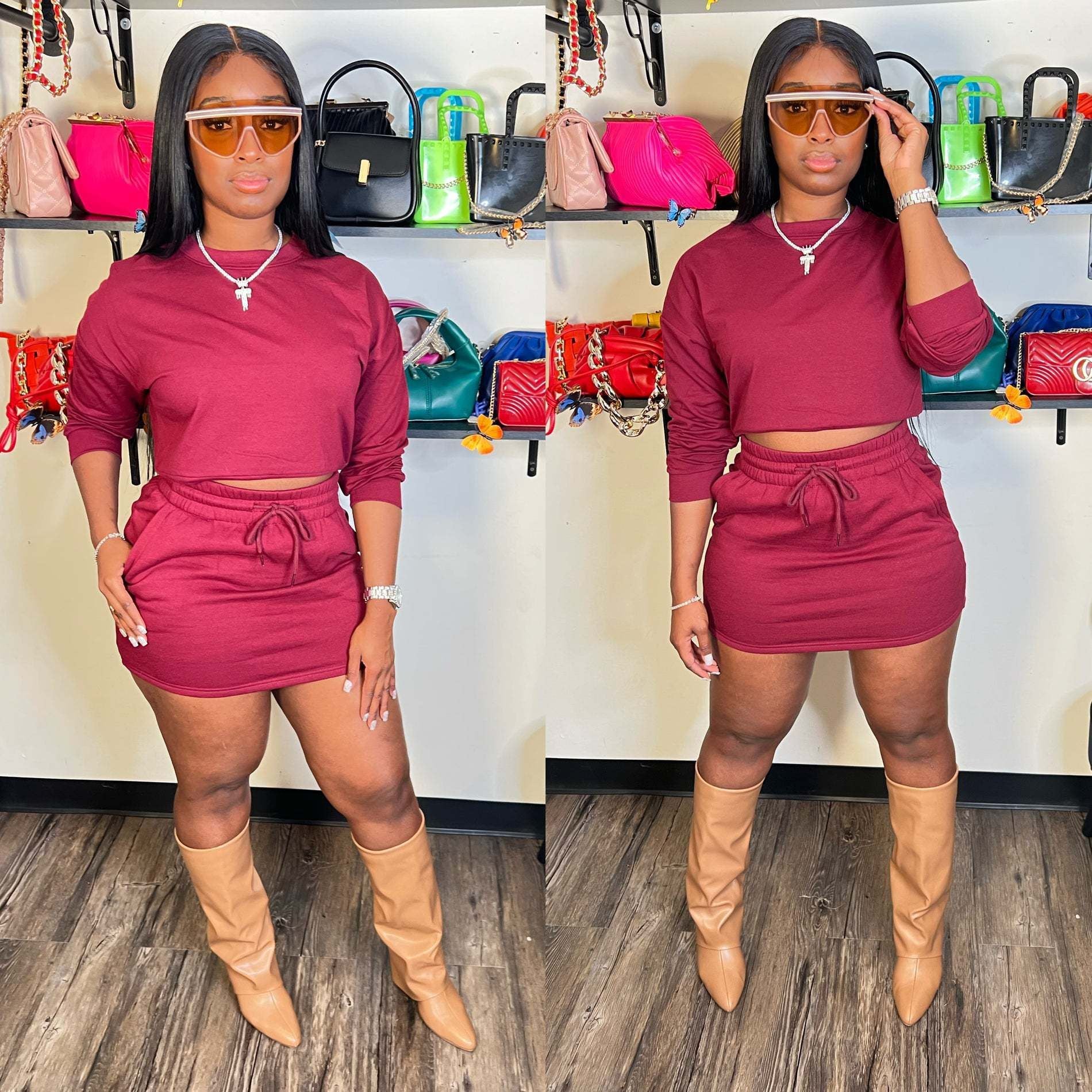 Women Long-Sleeved Solid Bodycon Skirt Two-Piece Set 3