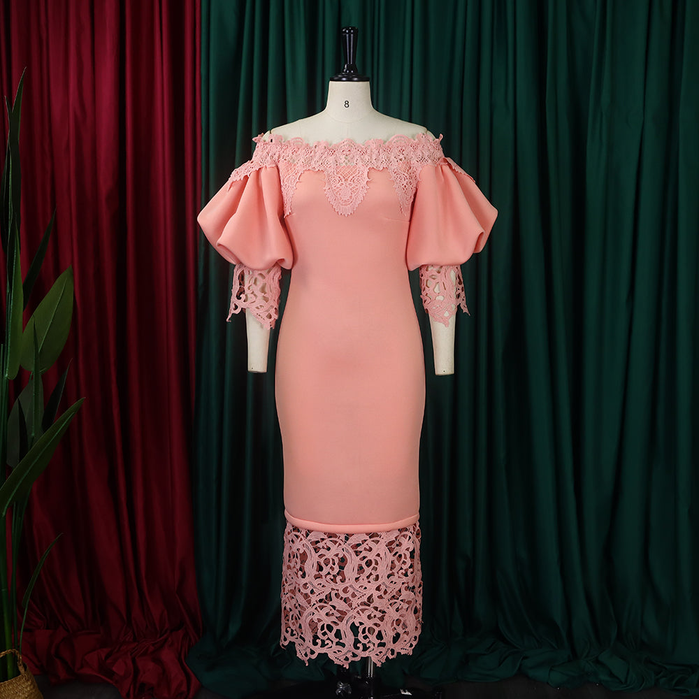 Women's Clothing Off Shoulder Lace Patchwork Puff Sleeve Formal Party Evening Dress 14