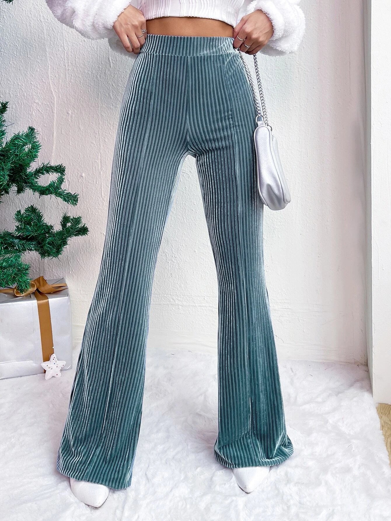 Autumn Winter Women High Waist Corduroy Bell Bottom Pants Solid Color Casual Wide-Leg Long Sweatpants
