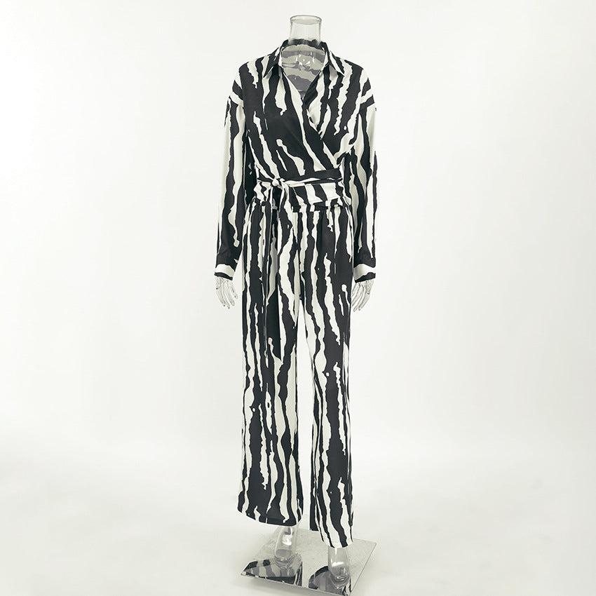 Women autumn and winter striped print long-sleeved top and trousers Two Piece Set 10