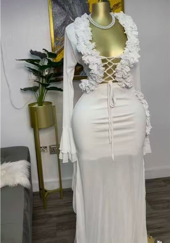 Women ribbon cardigan lace top Sexy slit Bodycon Skirt Two Piece Set