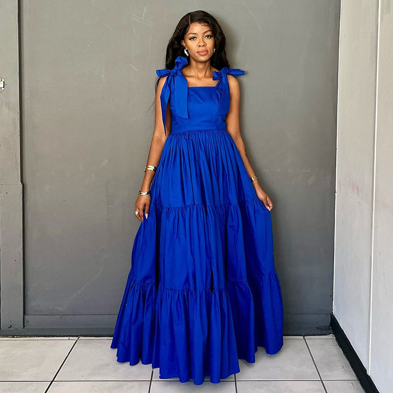 Women's Summer Fashion Sweet Bow Tie Strap Slim A-Line Long Dress