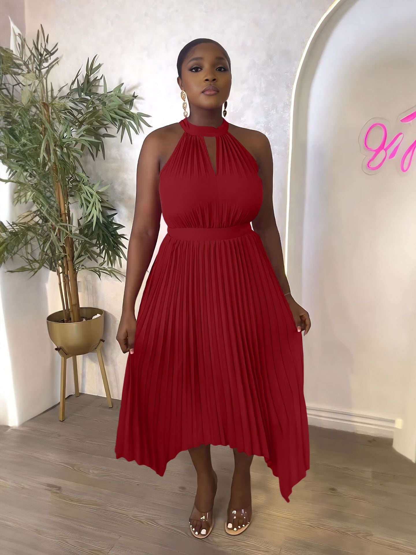 Women Casual Sleeveless Clipped Pleated Halter Neck Dress 7