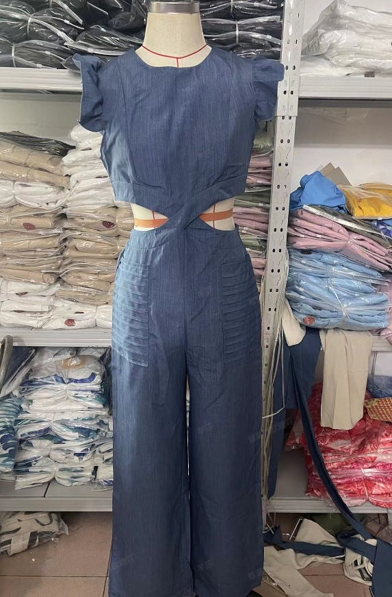 Women Summer Round Neck Ruffled Loose Jumpsuit 19