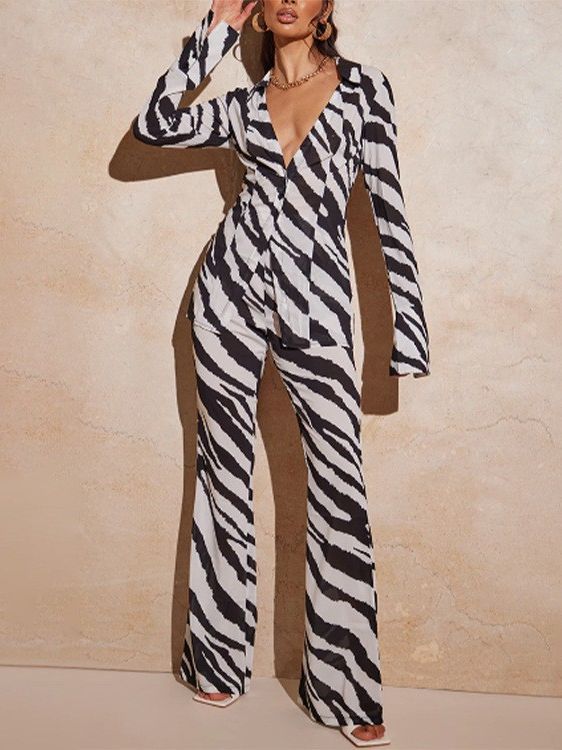 Autumn deep V suit female sexy printed shirt wide-leg pants fashion casual two-piece set 5